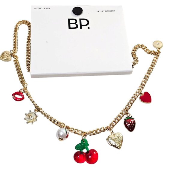 Gold Tone Charm Necklace With Heart & Cherry Accents NWT 18+2 - Picture 6 of 7
